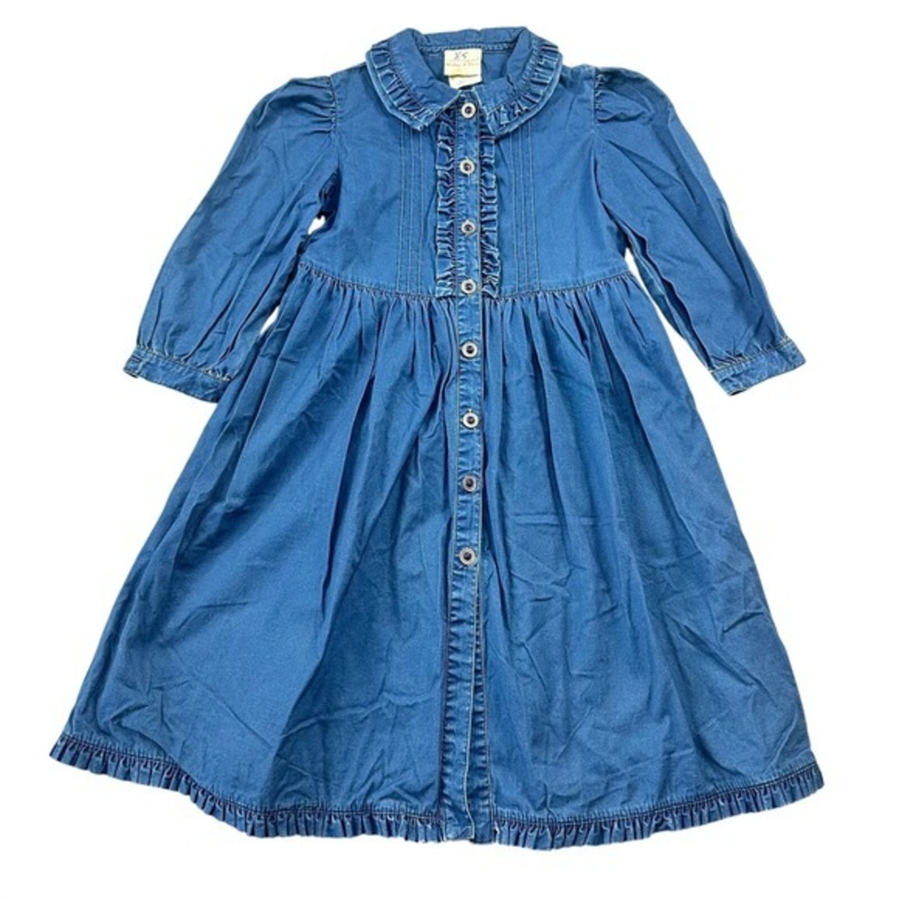 Vintage Laura Ashley Mother & Child Girls Size 5 Blue Denim Ruffle Dress Cottage